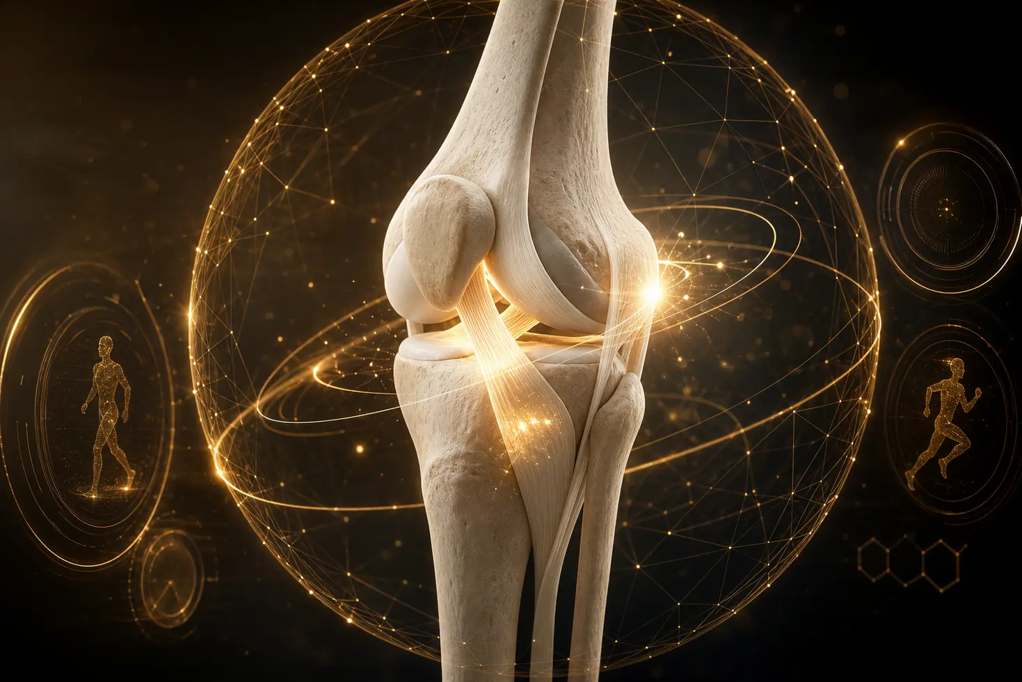 Representacion conceptual de la recuperacion y estabilidad de la rodilla mediante fisioterapia avanzada.