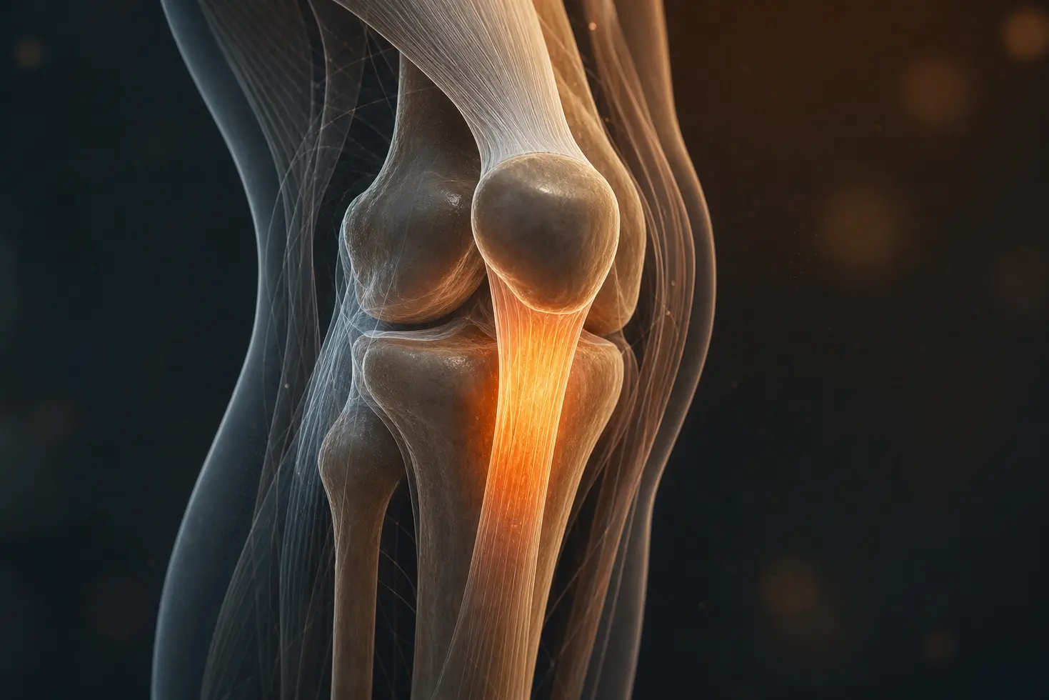 Anatomía detallada del tendón rotuliano en la rodilla con estilo científico premium
