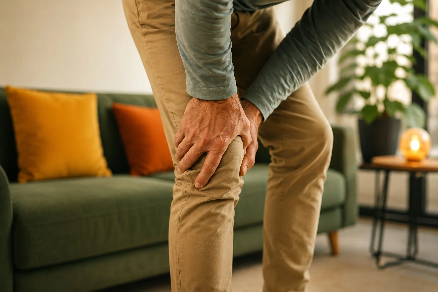 Hombre con dolor de rodilla por artrosis que le cuesta levantarse del sofa