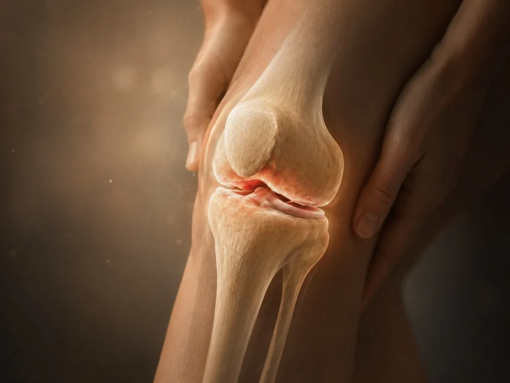 Representación realista del dolor en la rodilla y tratamiento avanzado con tecnología médica