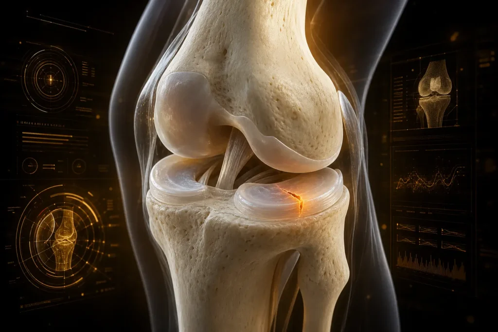 Representación anatómica en 3D de una rodilla con menisco roto y signos de lesión interna