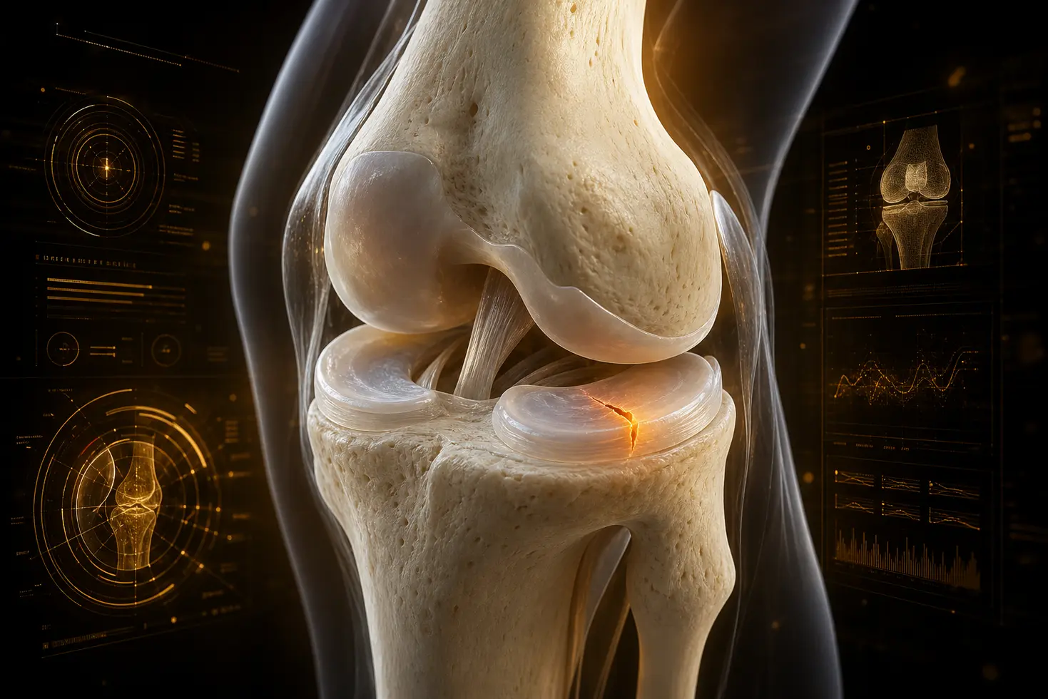 Render 3D de una articulación de la rodilla mostrando un menisco roto con enfoque clínico y profesional.