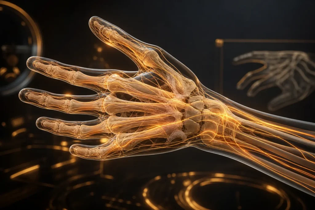 Representación anatómica de la estructura ósea y nerviosa de la mano relacionada con el dolor de manos