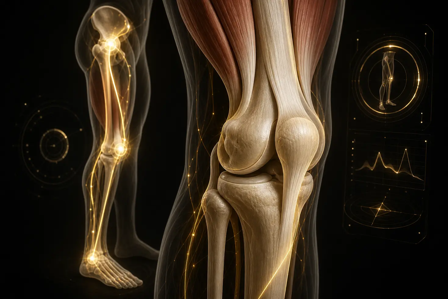 Visualización anatómica de la rodilla y su relación con los músculos del muslo y la cadena cinética