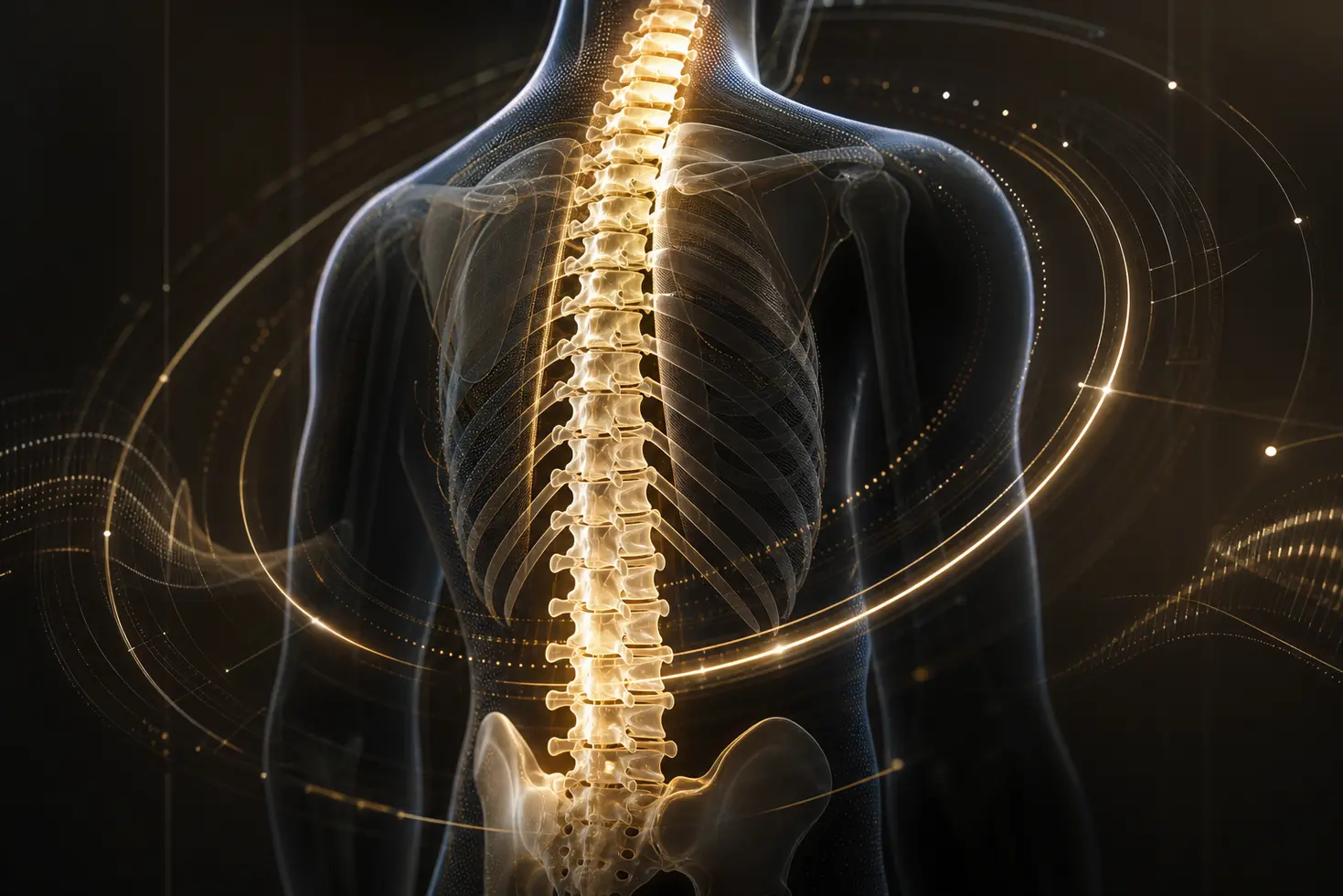 Imagen conceptual de rehabilitación avanzada de columna vertebral, simbolizando la recuperación funcional y tecnología médica.