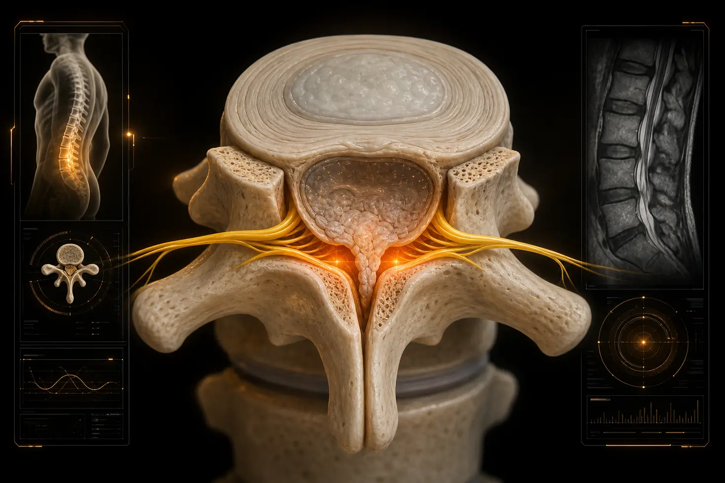 Imagen anatómica 3D de alta gama mostrando el estrechamiento del canal vertebral lumbar y la compresión nerviosa.