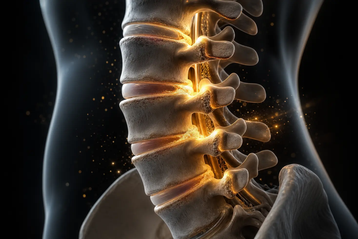 Representación científica de la degeneración vertebral, artrosis facetaria y protrusión discal en la zona lumbar.