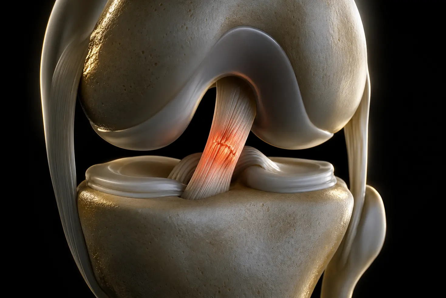 Representación técnica de una lesión en el ligamento cruzado anterior de la rodilla con un estilo clínico elegante.