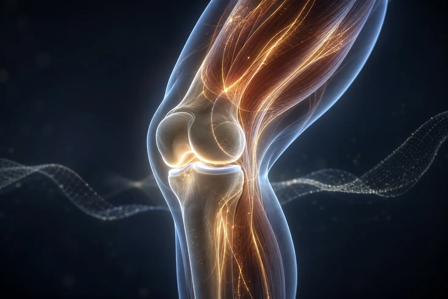 Render futurista de rehabilitación de rodilla enfocada en fortalecimiento muscular