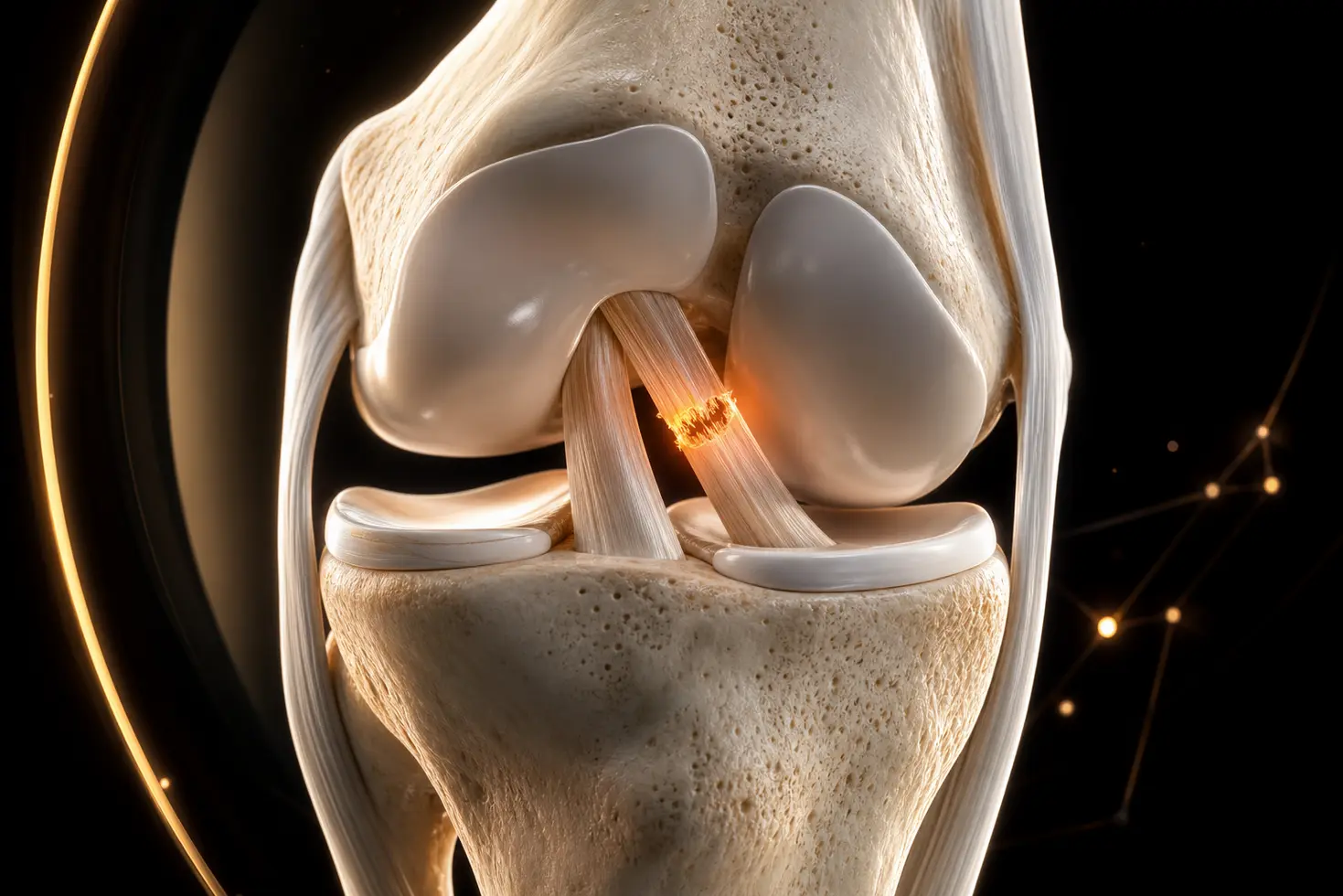 Lesion parcial del ligamento cruzado anterior de la rodilla visualizada en 3D medico.
