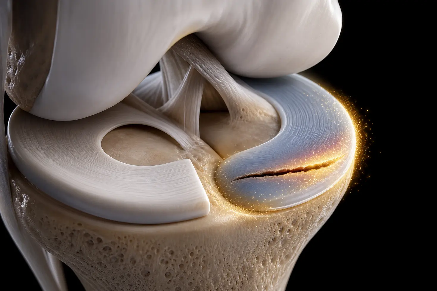 Detalle anatómico en 3D de una rotura de menisco horizontal en la rodilla.
