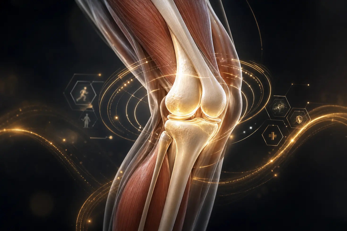 Imagen conceptual de rehabilitación de rodilla con tecnología médica avanzada y enfoque regenerativo.