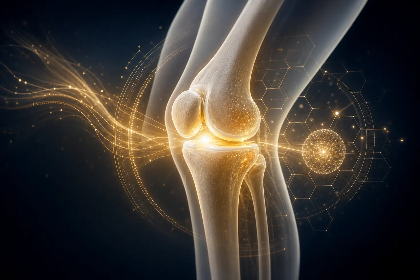 Imagen conceptual de regeneración médica de rodilla con tecnología avanzada y luz terapéutica