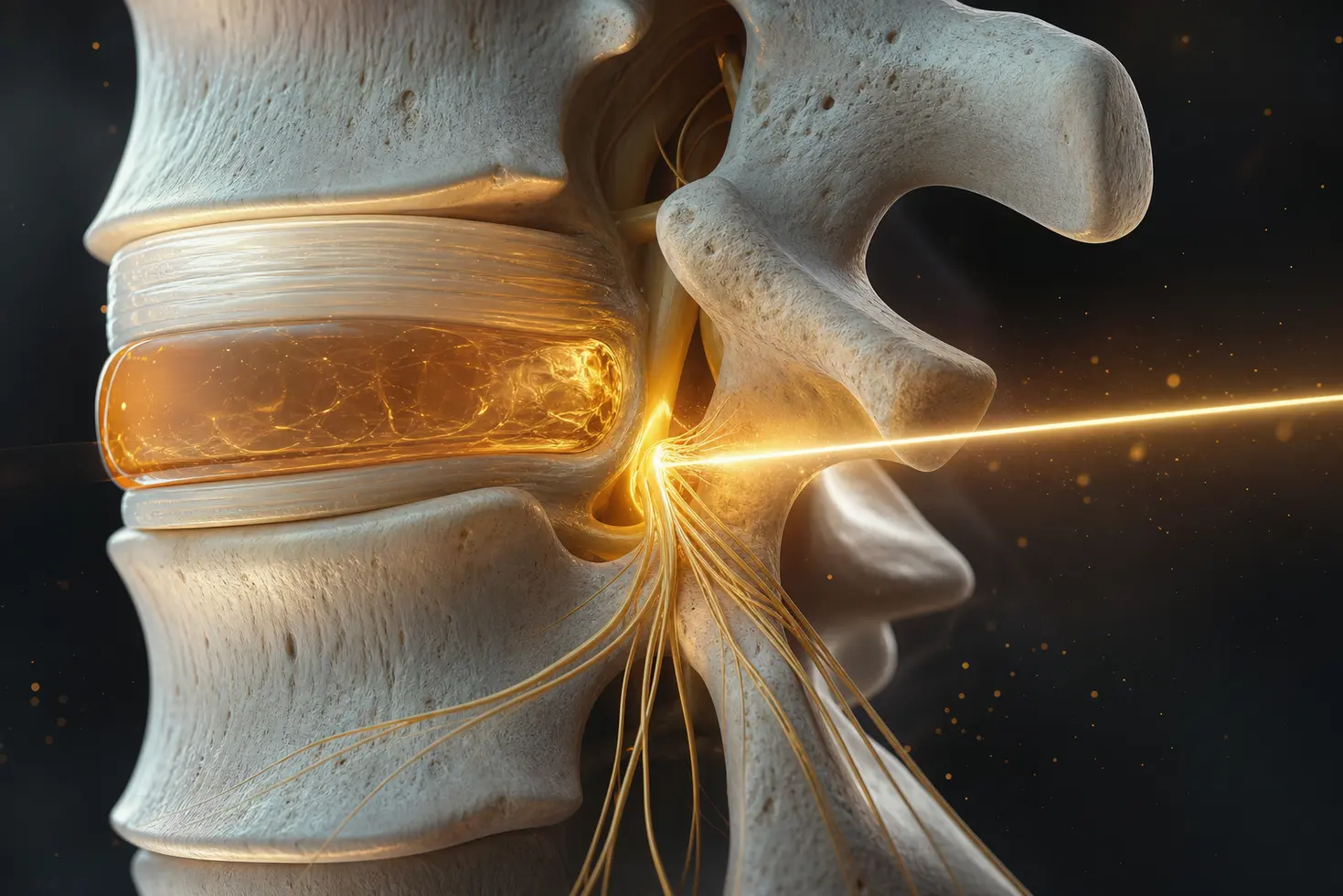 Vista anatómica 3D de alta precisión de la raíz nerviosa lumbar libre de compresión