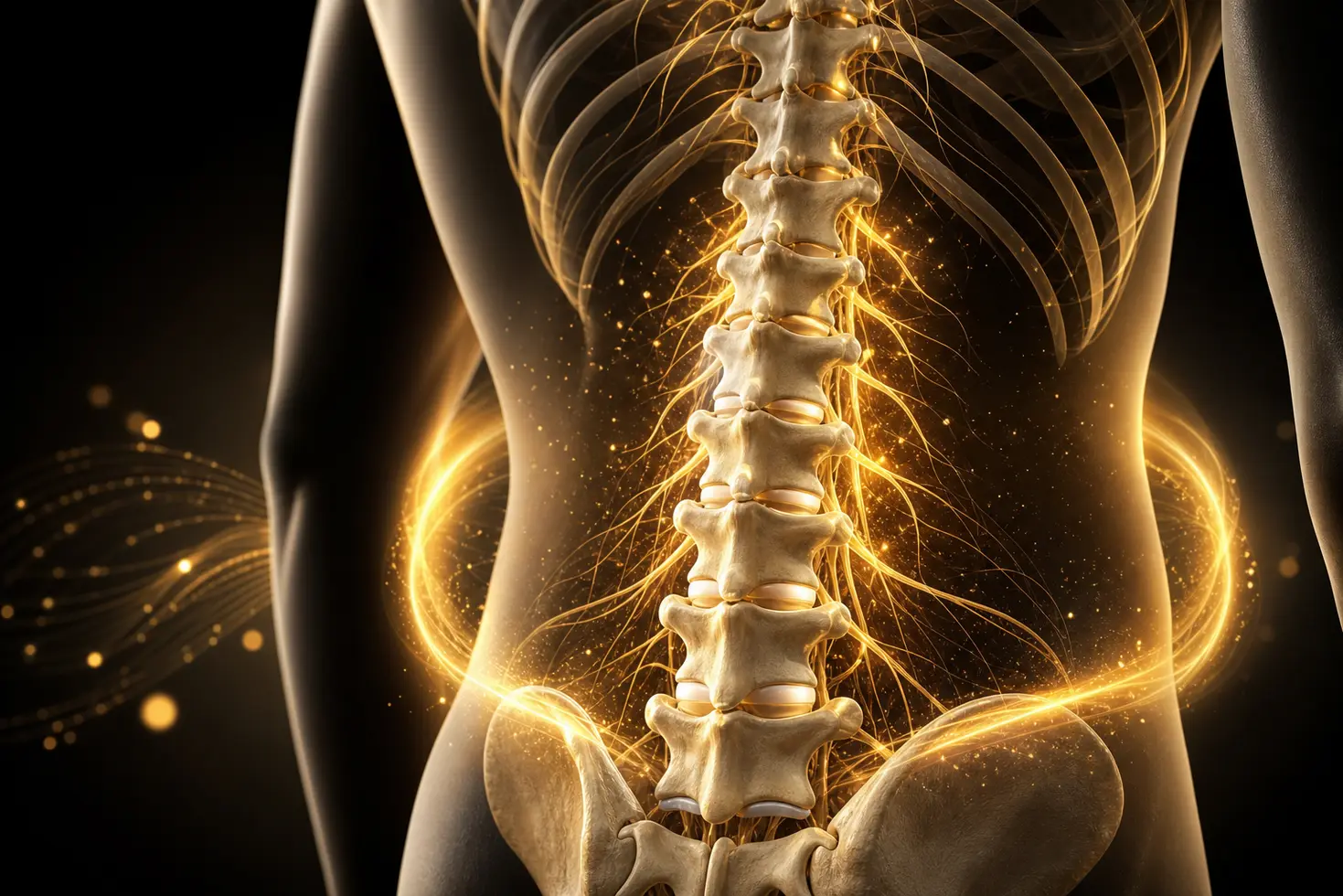 Ilustración 3D médica de columna lumbar regenerada y recuperada con halo de luz terapéutica dorada