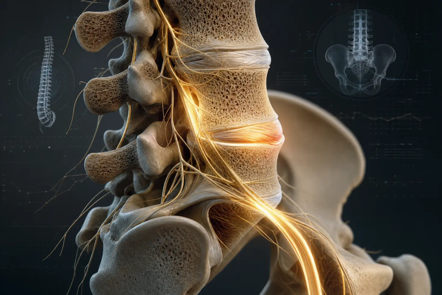 Anatomía detallada de la columna lumbar L4-L5 y recorrido de la raíz nerviosa