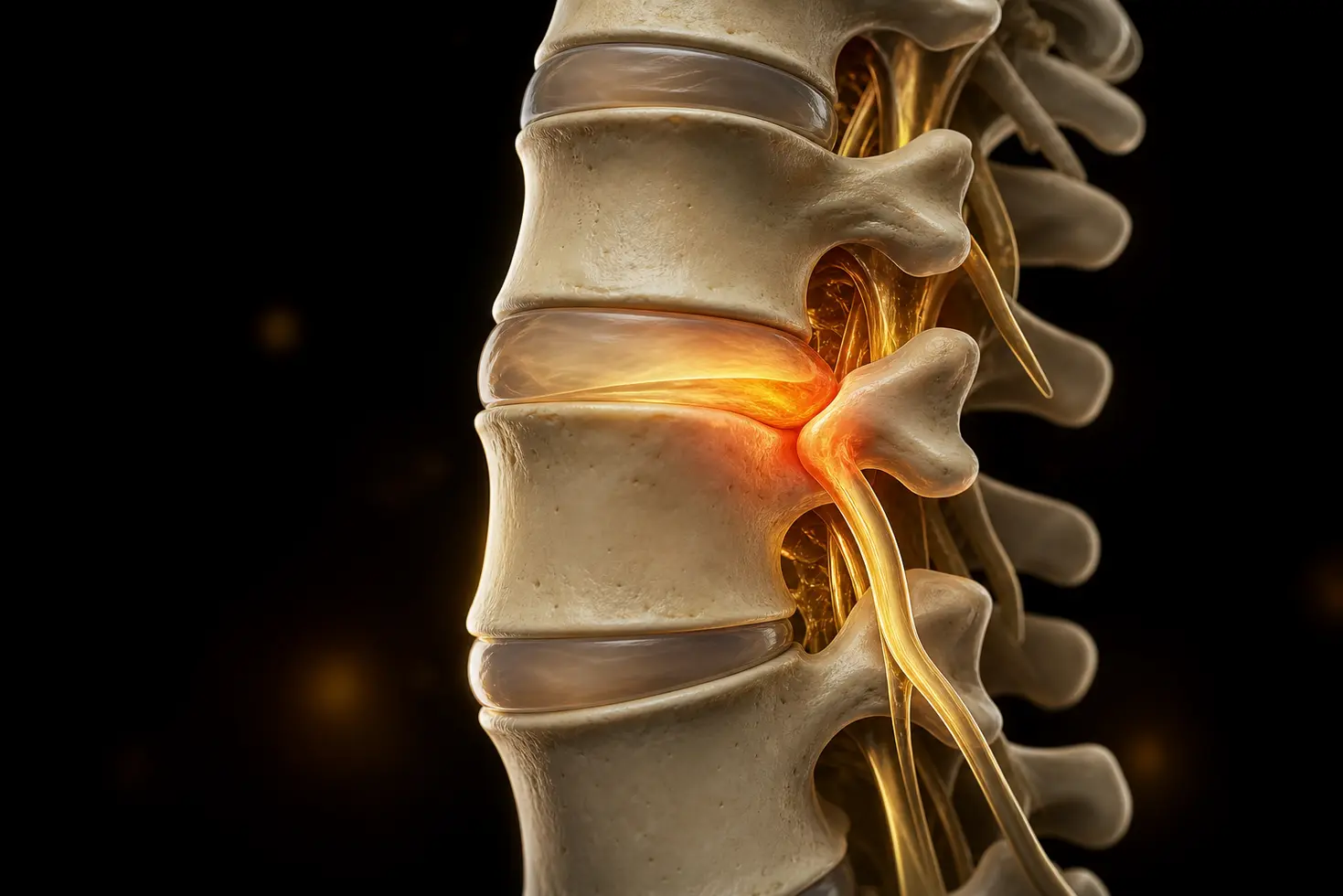 Render 3D médico de una hernia discal lumbar L4-L5 afectando a la raíz nerviosa