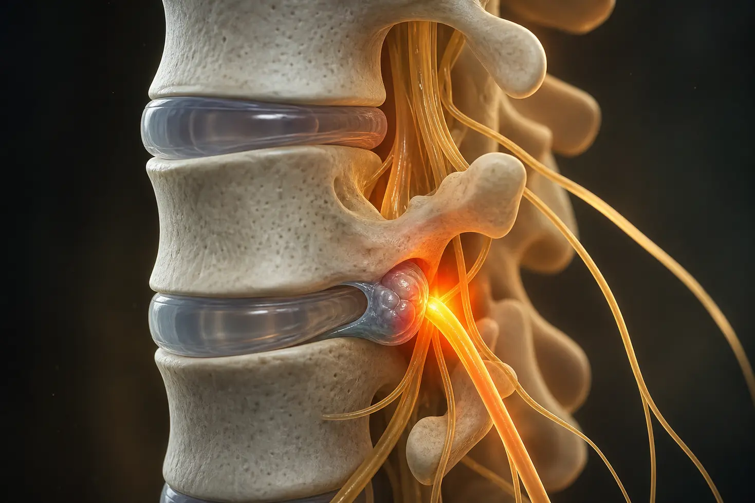 Visualización médica 3D de una hernia discal lumbar afectando a la raíz del nervio ciático