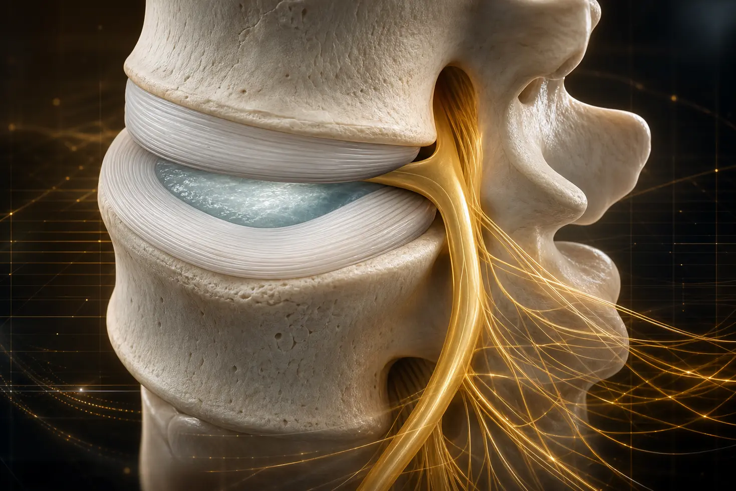 Anatomía 3D detallada de un disco intervertebral lumbar y raíz nerviosa liberada de compresión
