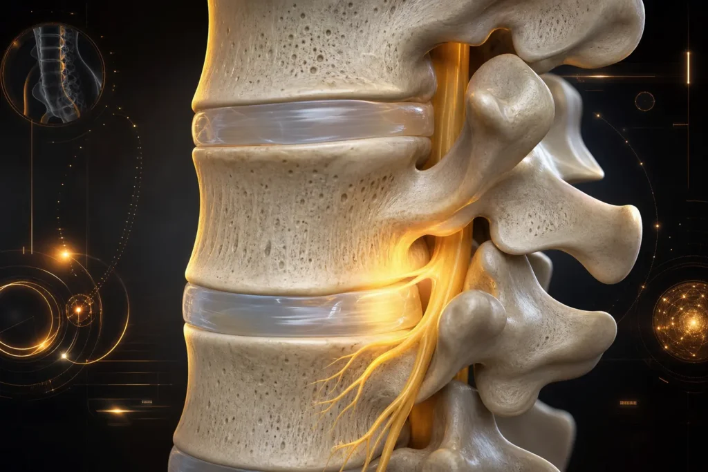 Ilustración anatómica de la columna vertebral y nervios en recuperación tras una operación de hernia discal