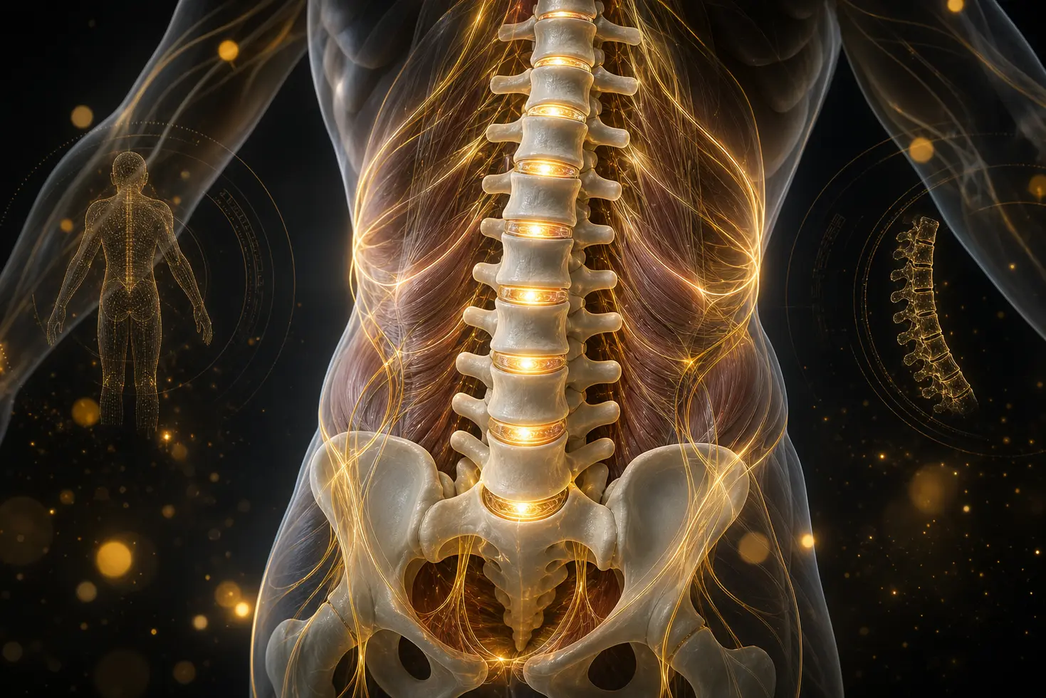 Ilustración 3D médica de la columna vertebral lumbar estable durante el proceso de rehabilitación y fisioterapia