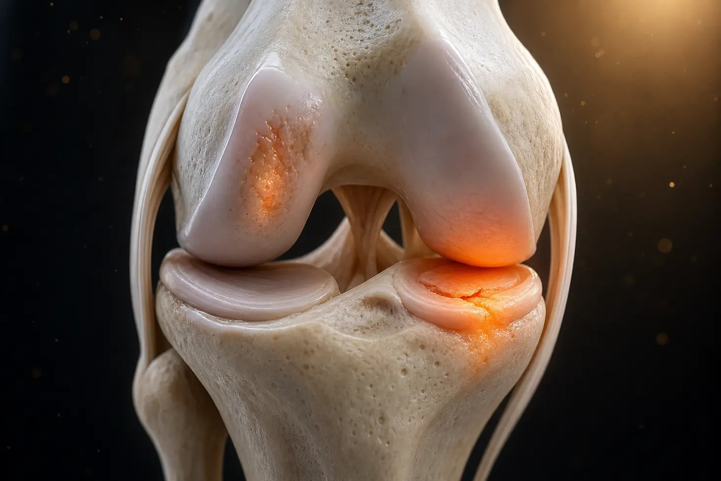 Render anatómico en 3D del desgaste de cartílago y menisco en una rodilla con artrosis e inflamación.