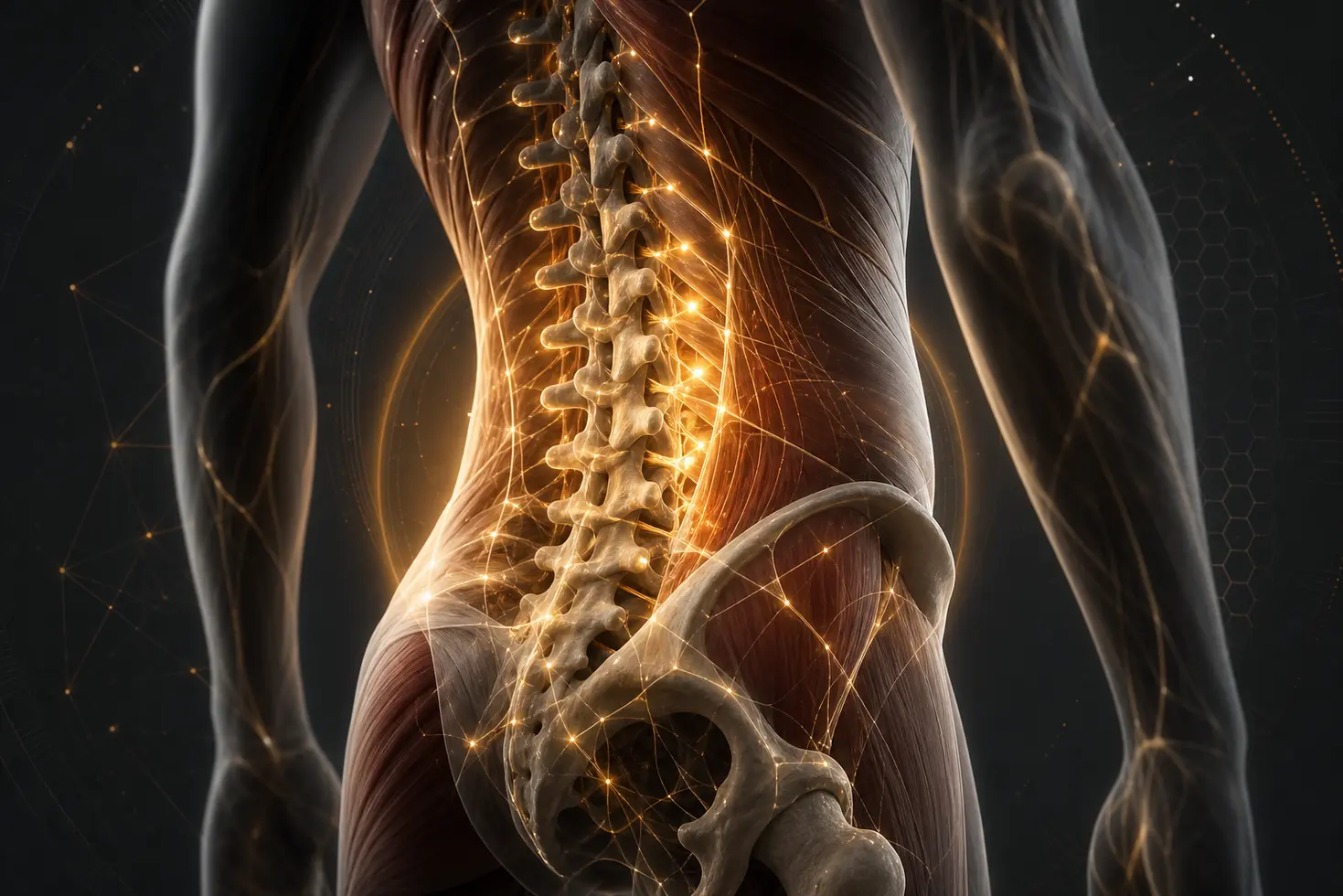 Ilustración 3D médica de la activación neuromuscular y rehabilitación avanzada de la columna lumbar