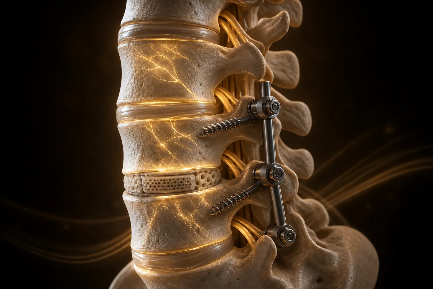 Anatomía 3D de una fusión lumbar con fijación interna y transmisión de cargas mecánicas en la columna vertebral