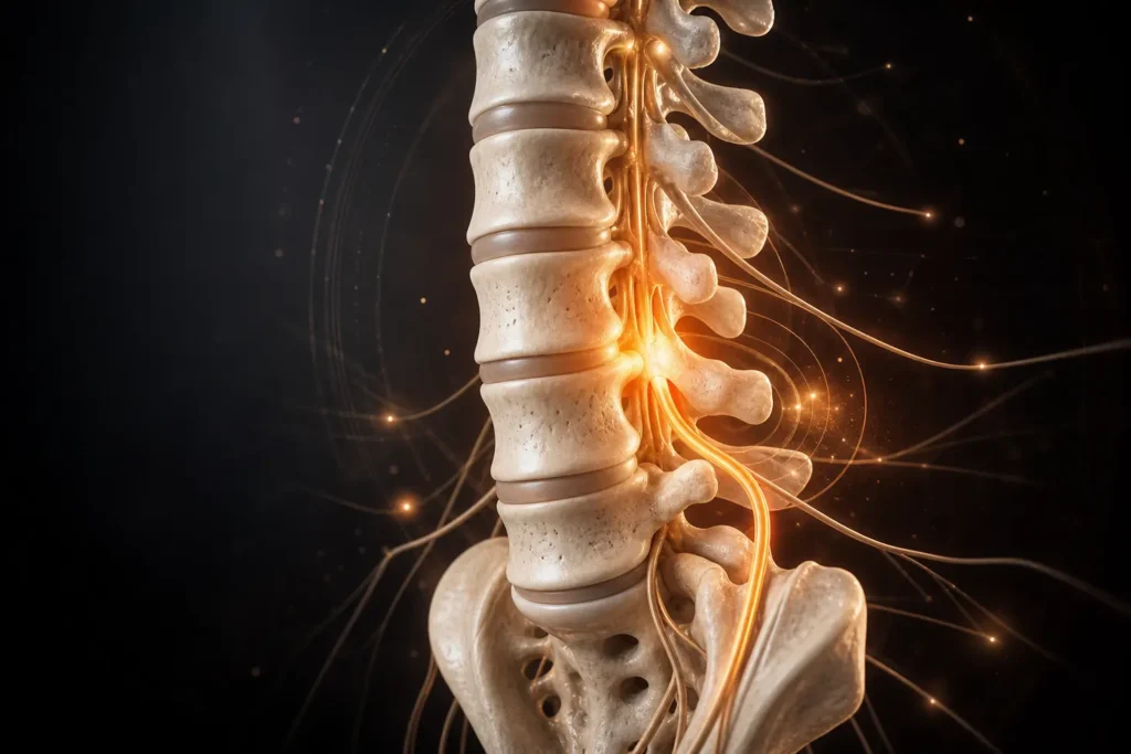 Ilustración anatómica de nervios inflamados en la columna lumbar, representando secuelas de cirugía de columna lumbar