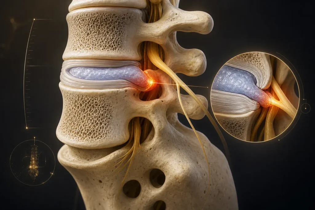 Ilustración 3D de hernia discal L5-S1 comprimiendo la raíz nerviosa lumbar para determinar su tiempo de recuperación