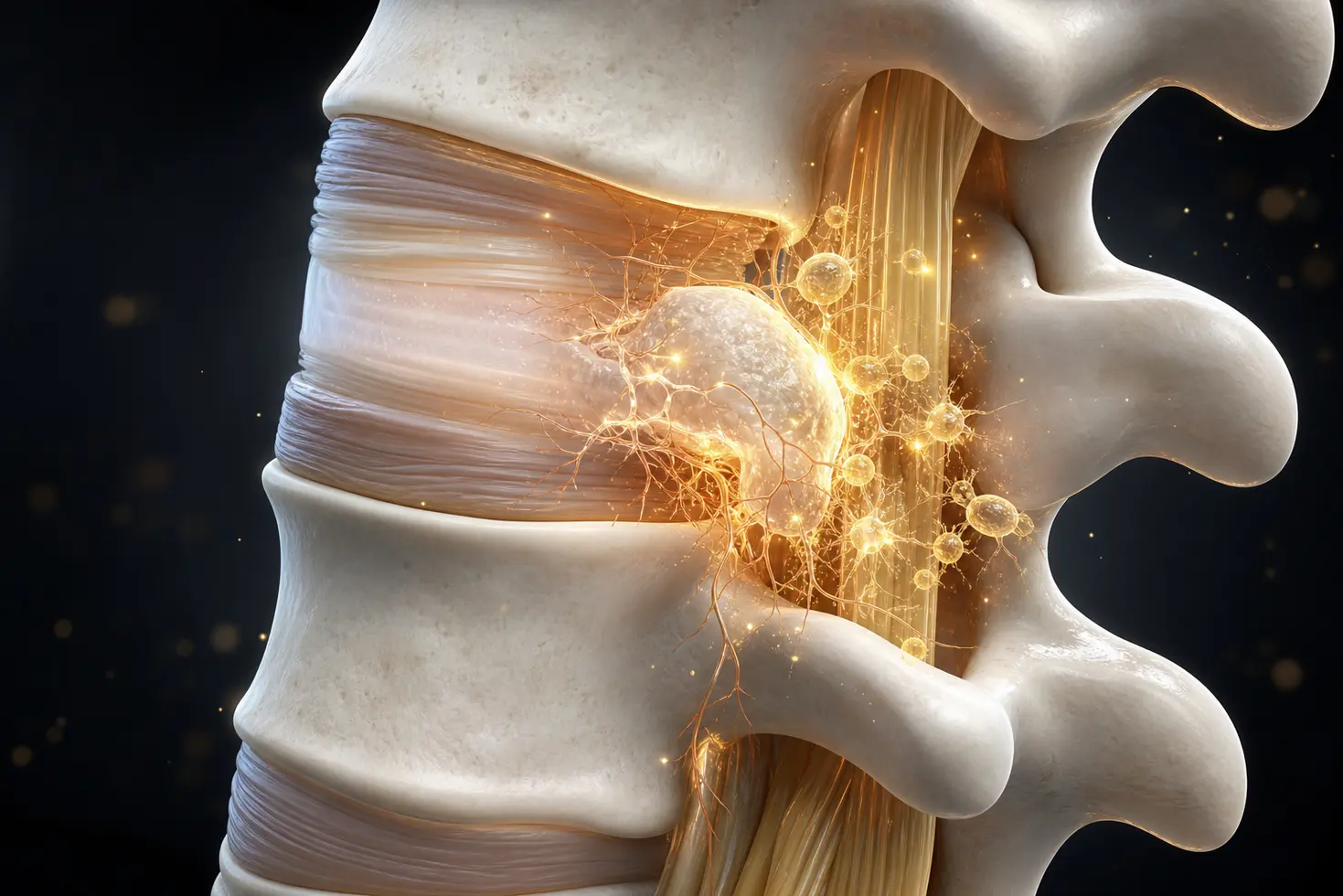 Ilustracion medica del proceso biologico de reabsorcion natural de una hernia discal L5-S1