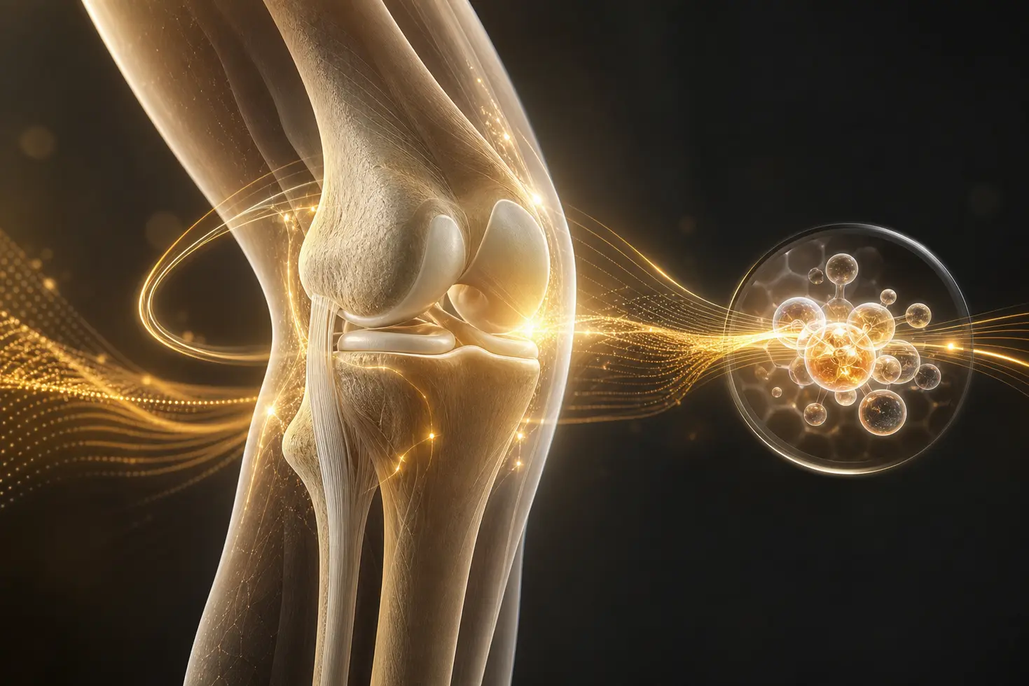 Simulación médica 3D de tecnología de regeneración y tratamiento avanzado para la recuperación de la rodilla.