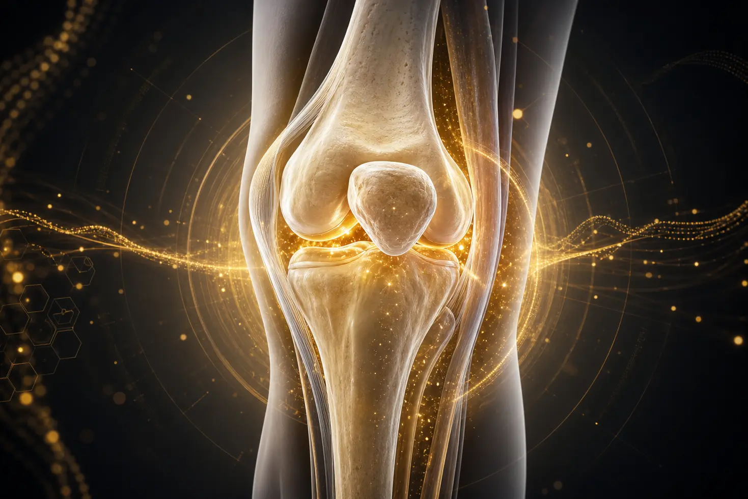 Render 3D de tecnología médica regenerativa y bioestimulación actuando sobre la articulación femoropatelar.