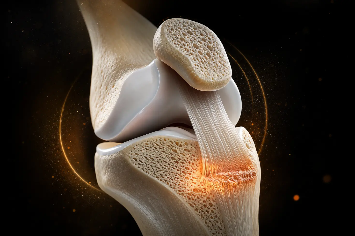 Ilustración médica en 3D del cartílago articular posterior de la rótula y del tendón rotuliano con áreas de estrés señaladas en luz naranja cálida.