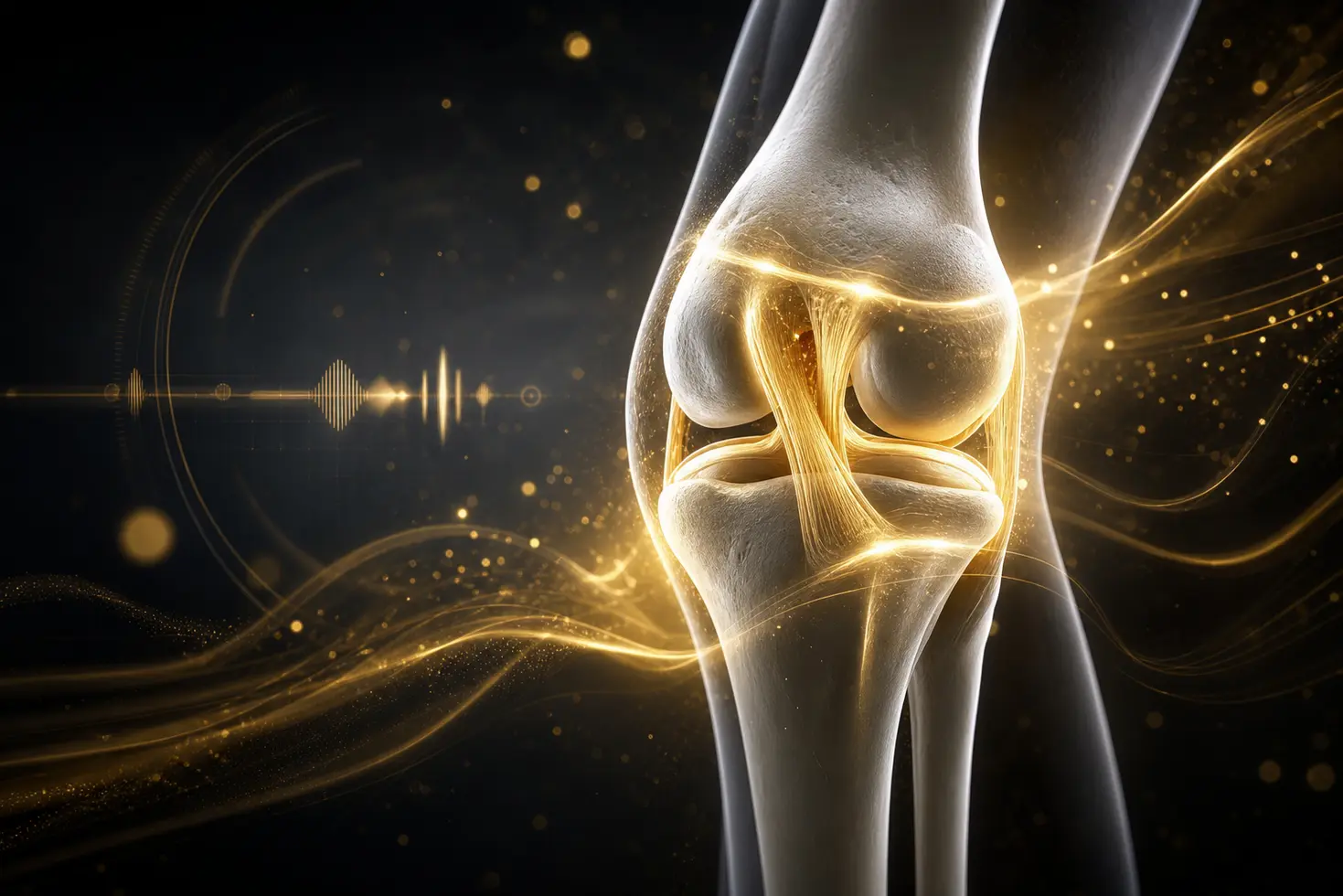 Fisioterapia avanzada y regeneracion de ligamento de rodilla en render 3D futurista