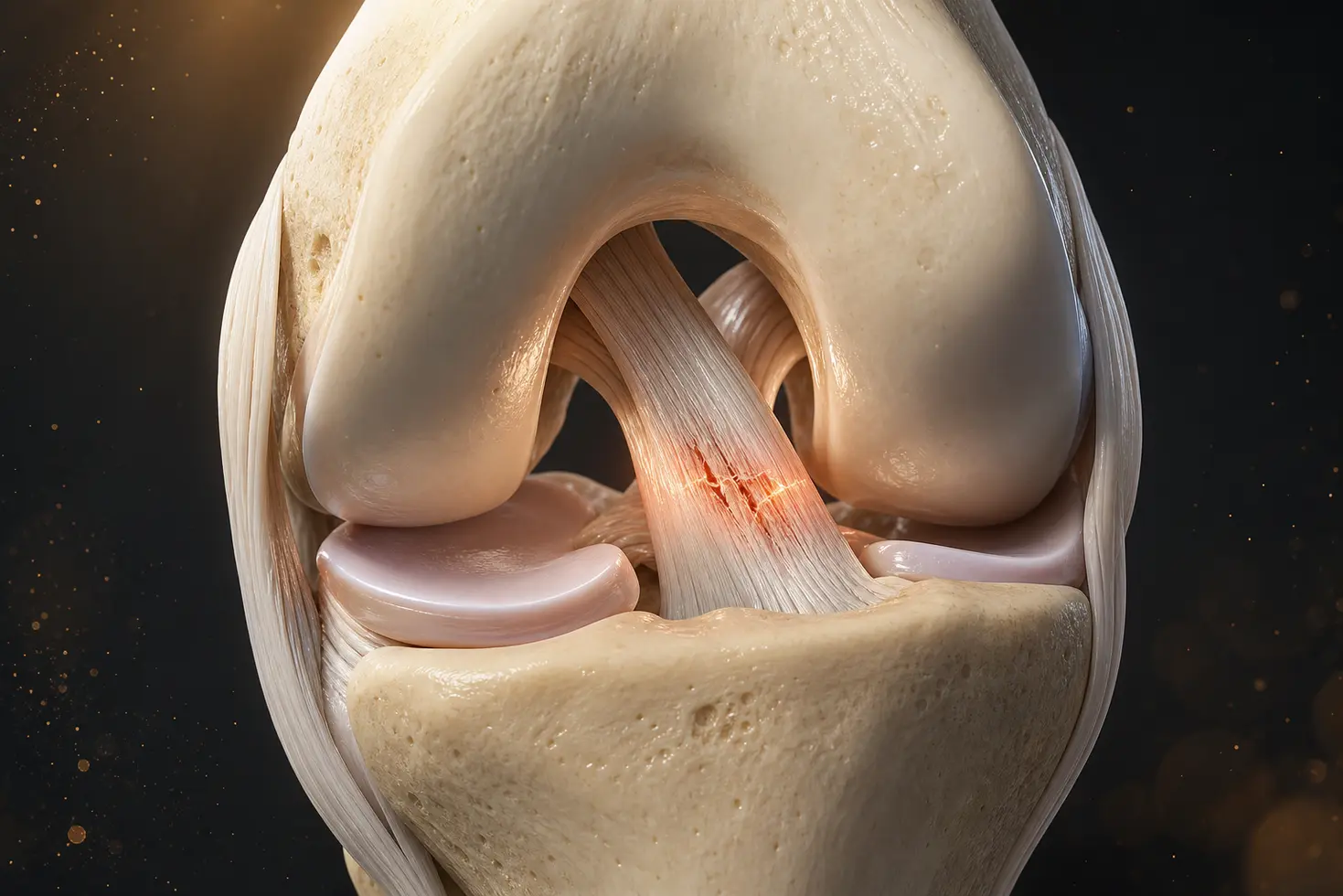 Detalle en 3D de esguince de ligamento cruzado anterior de rodilla con fibras inflamadas