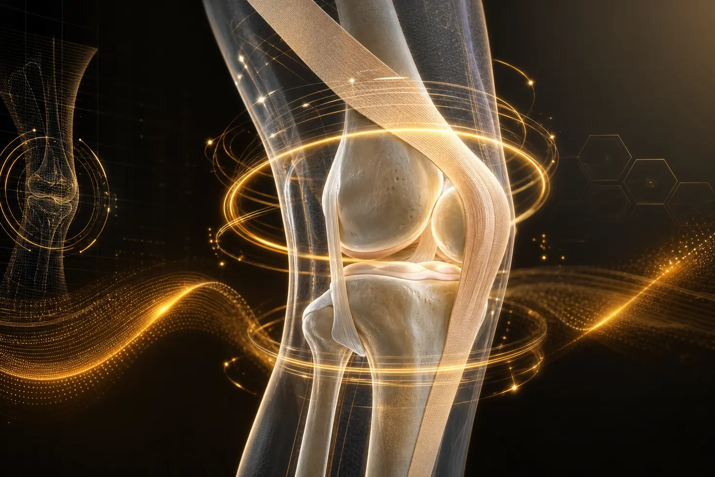 Visualizacion 3D futurista de rehabilitacion de rodilla combinando tecnologia regenerativa y kinesiotape