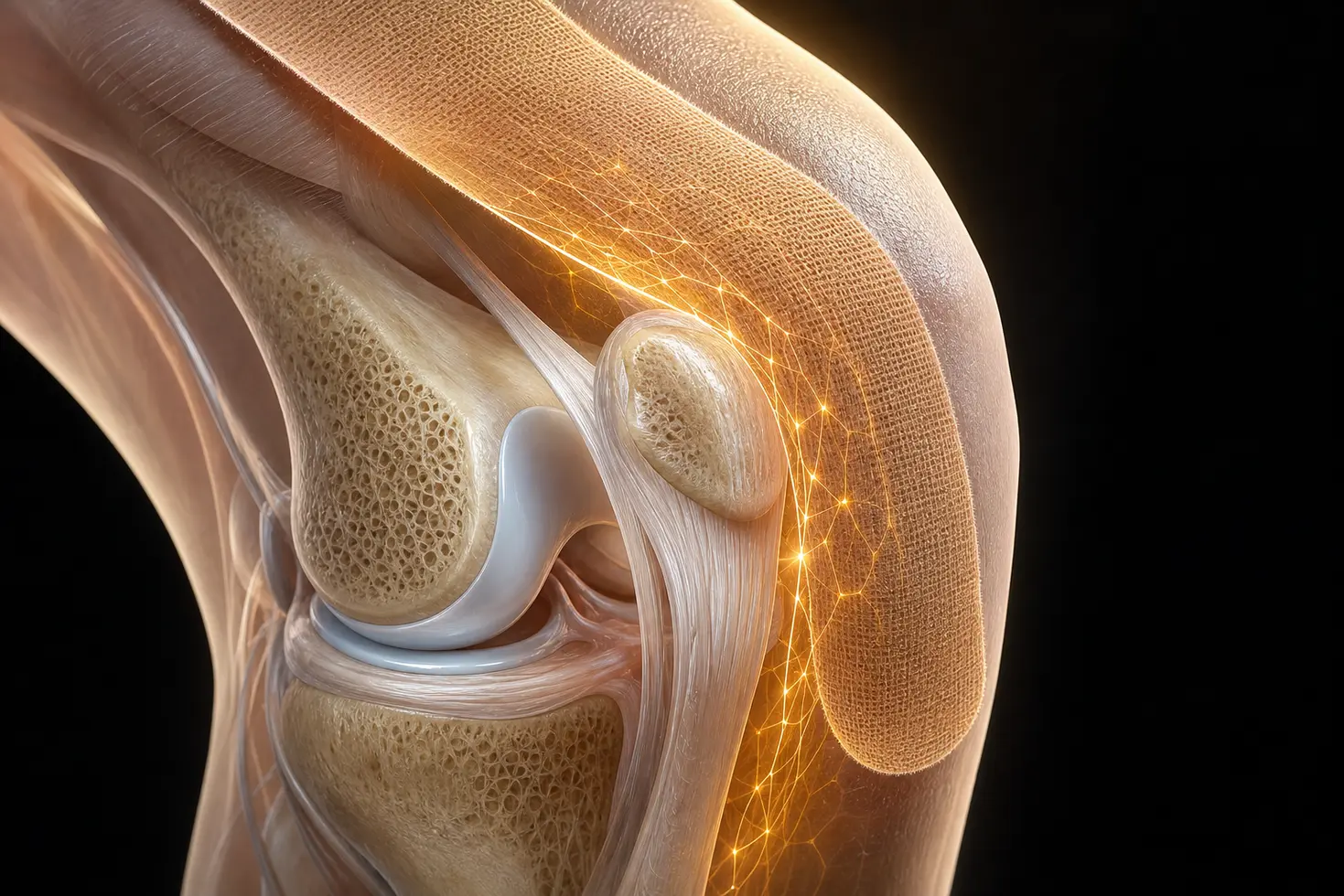 Detalle 3D de articulacion de rodilla mostrando tendon rotuliano y cartilago bajo la aplicacion de vendaje neuromuscular