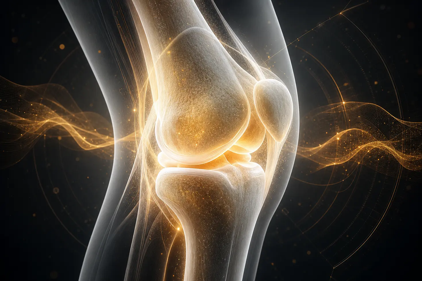 Render 3D futurista de regeneracion celular y tratamiento avanzado para dolor de rodilla
