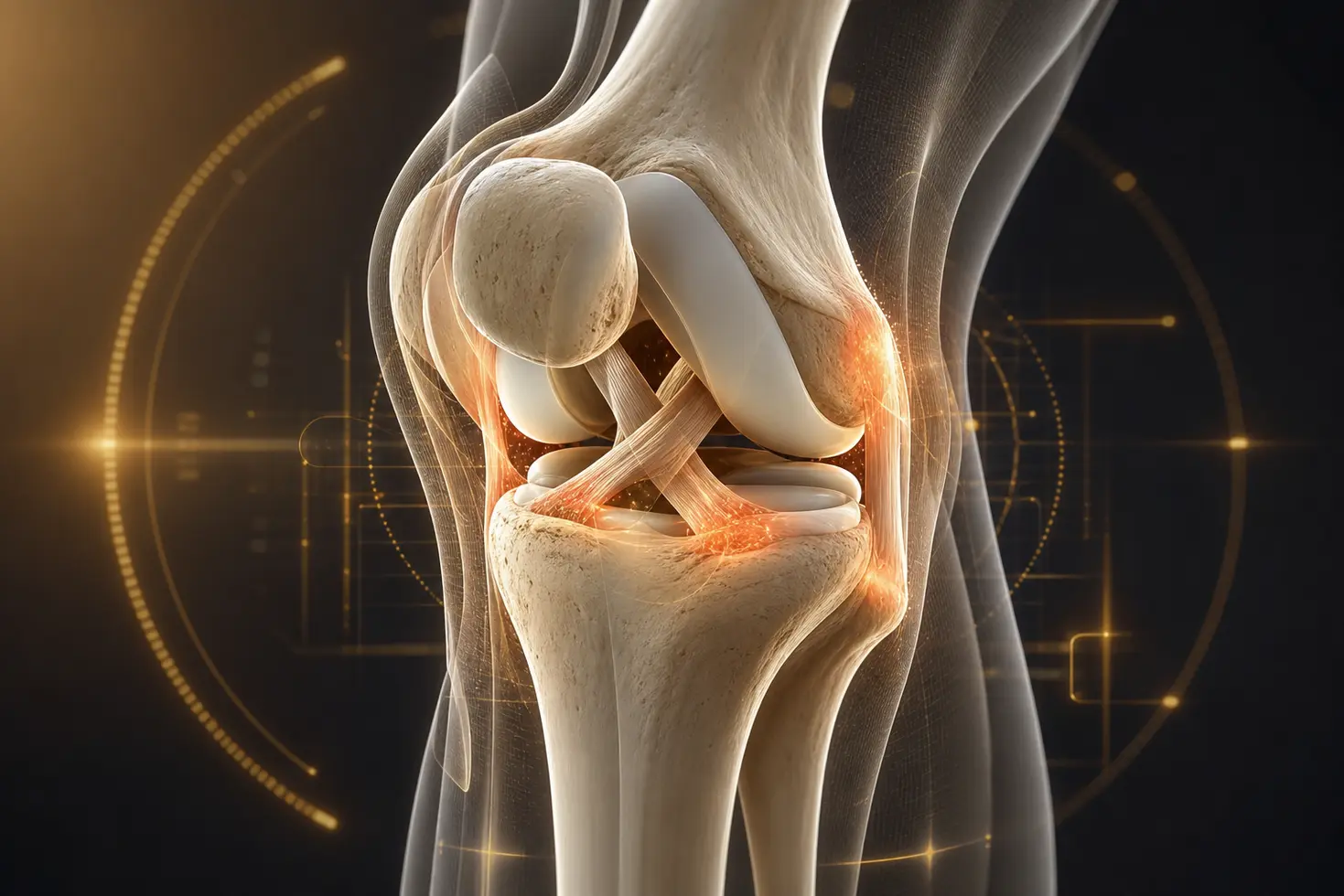 Render medico 3D de la articulacion de la rodilla con iluminacion dorada y puntos de lesion ligamentosa