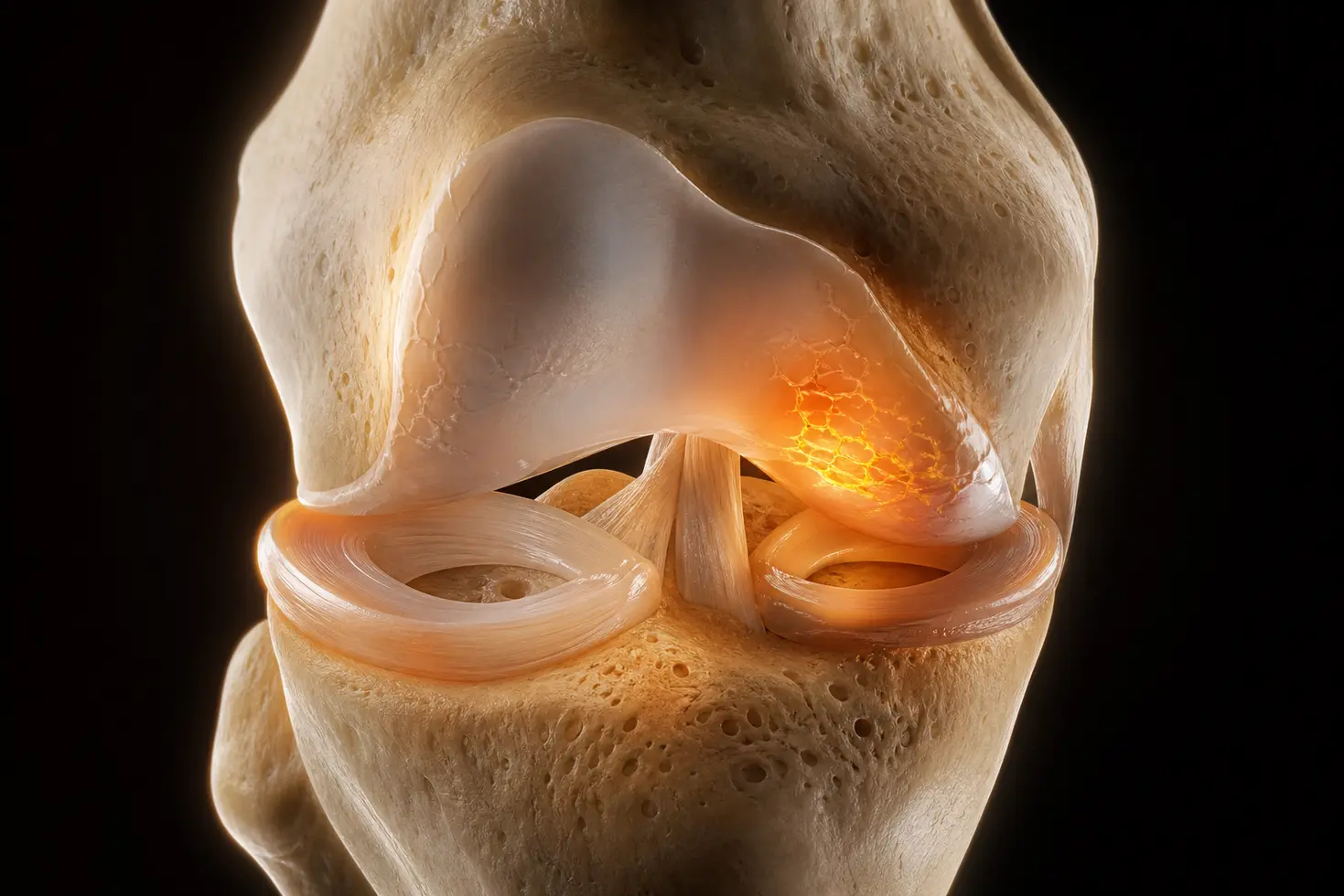 Vista anatomica 3D de desgaste de cartilago y menisco en artrosis de rodilla