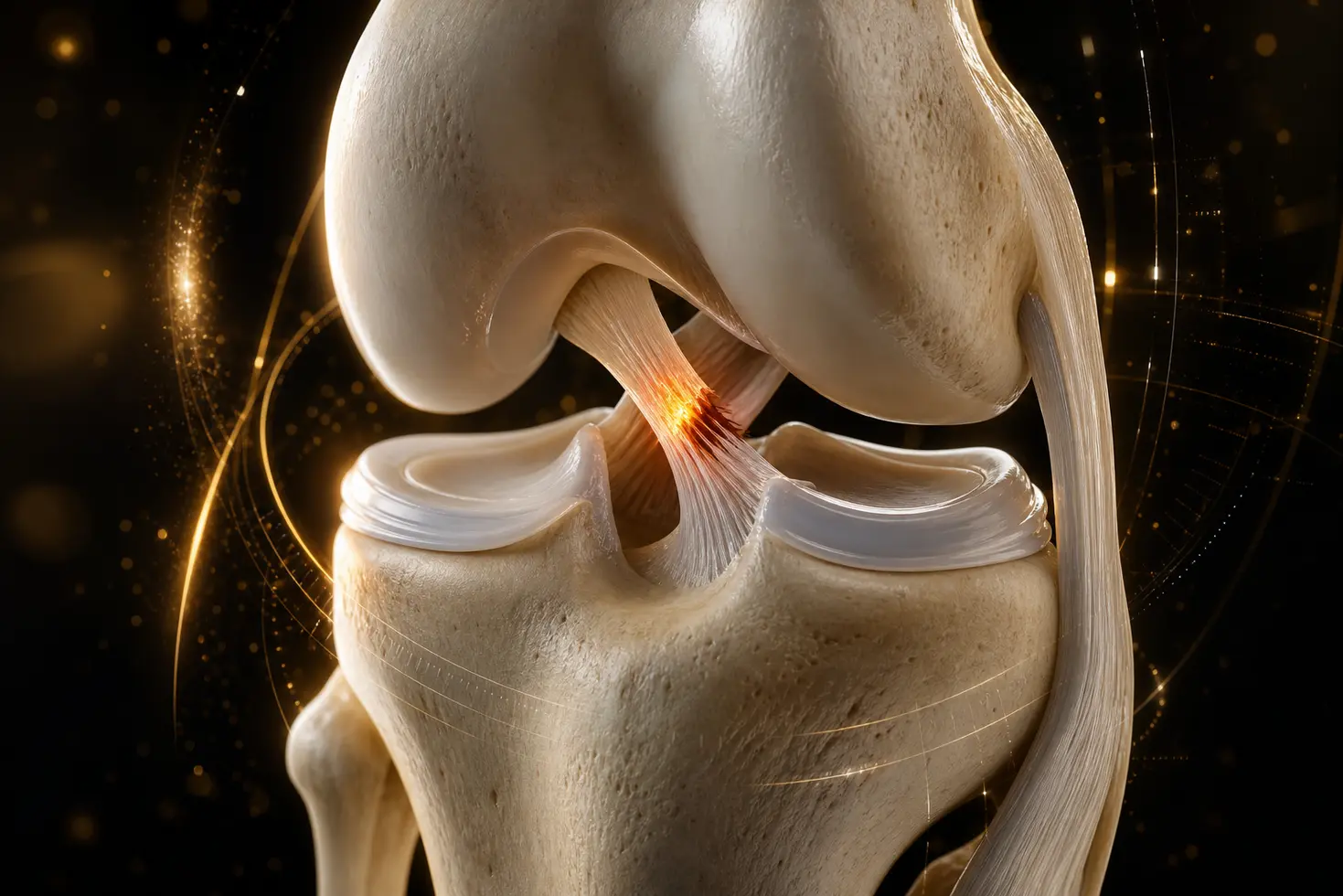 Anatomia medica en 3D del ligamento cruzado anterior de la rodilla con lesion e iluminacion terapeutica