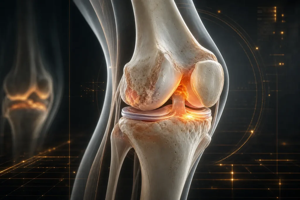 Anatomía tridimensional de la articulación de la rodilla mostrando cartílago e inflamación previa a una operación de rodilla