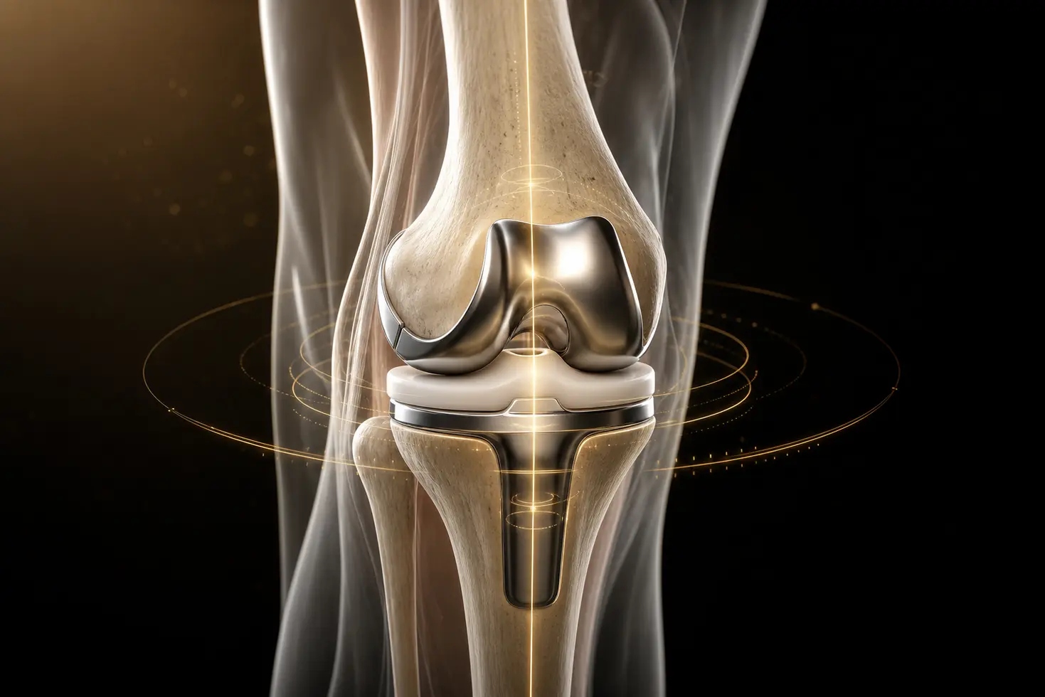 Prótesis total de rodilla en render médico 3D con alineación biomecánica de alta precisión